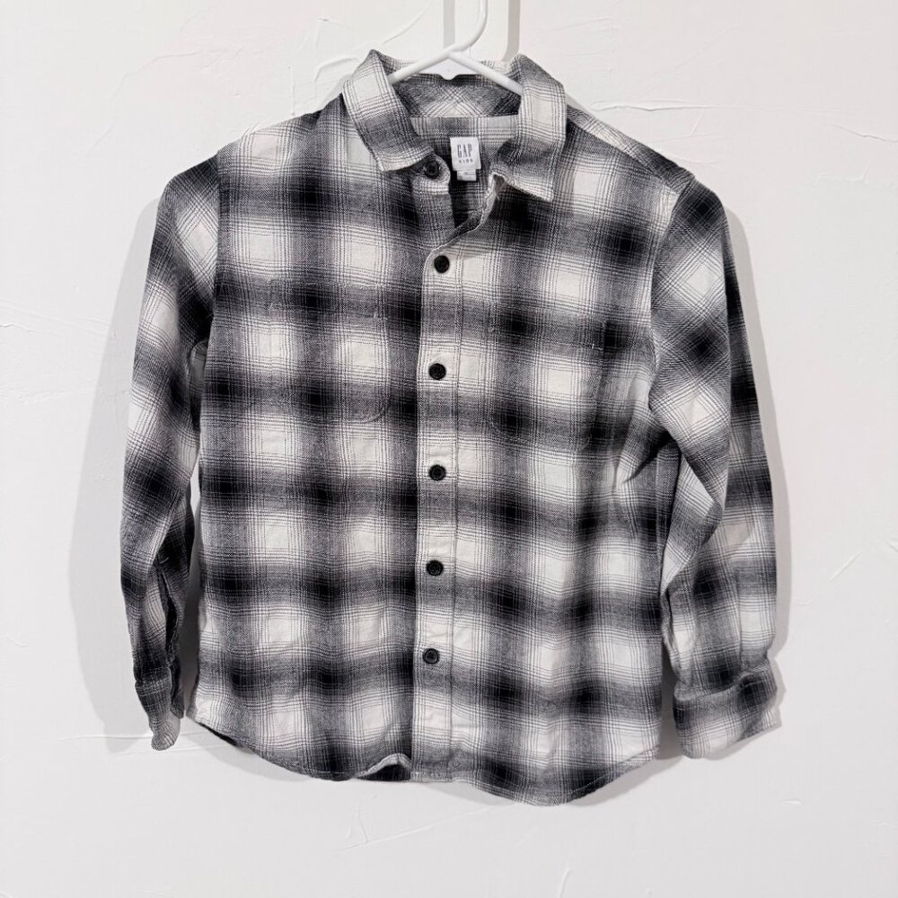 GAP Kids Plaid Flannel Shirt Black Gray White Size M 100% Cotton, holiday